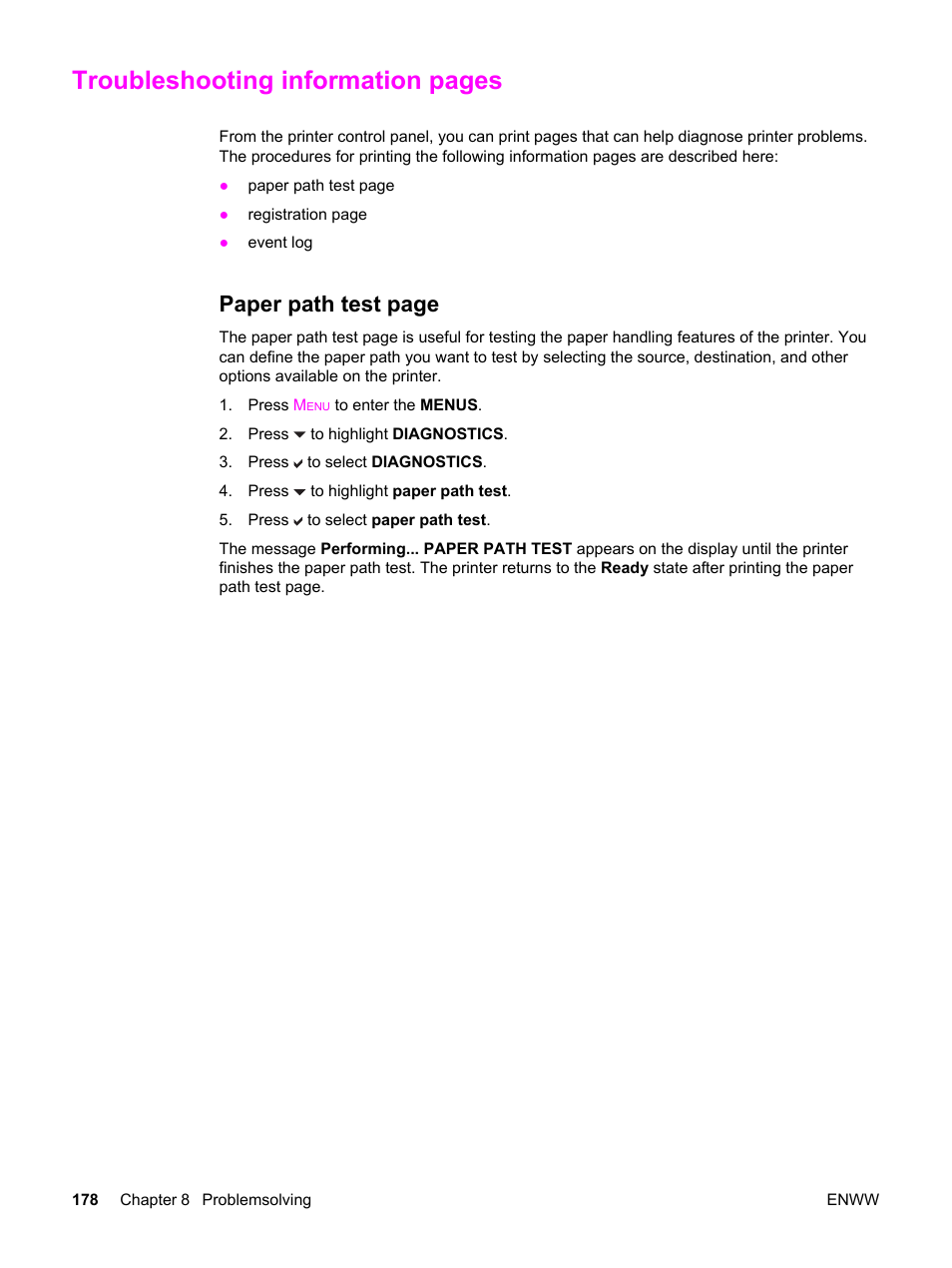 Troubleshooting information pages, Paper path test page | HP 3550 User Manual | Page 190 / 250