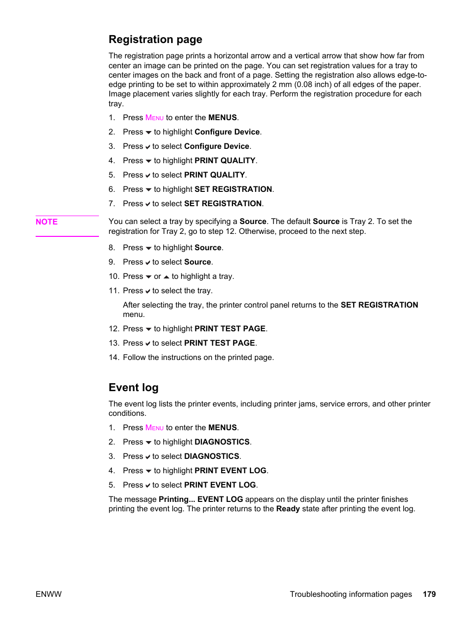 Event log, Registration page | HP 3550 User Manual | Page 191 / 250