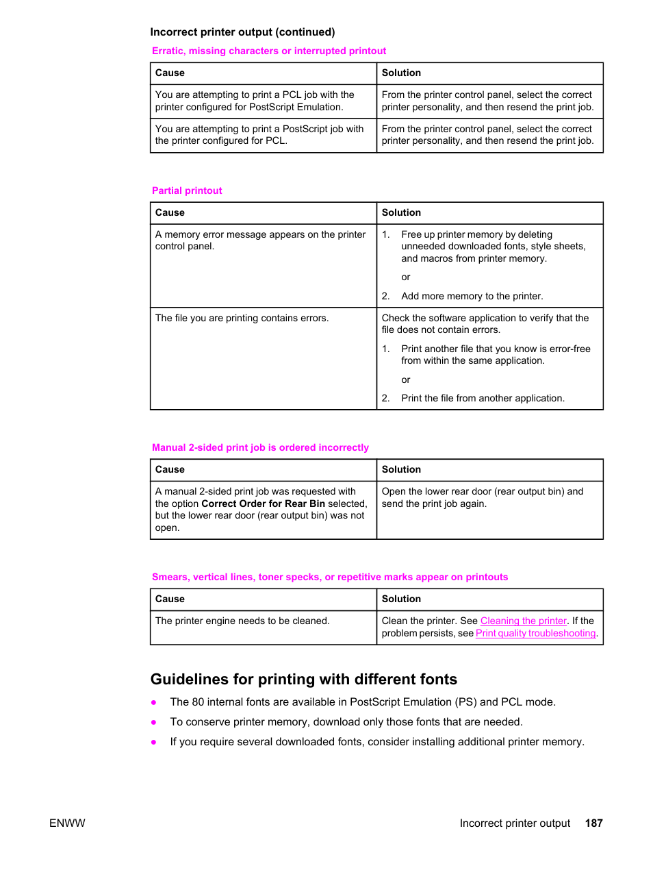 Guidelines for printing with different fonts | HP 3550 User Manual | Page 199 / 250