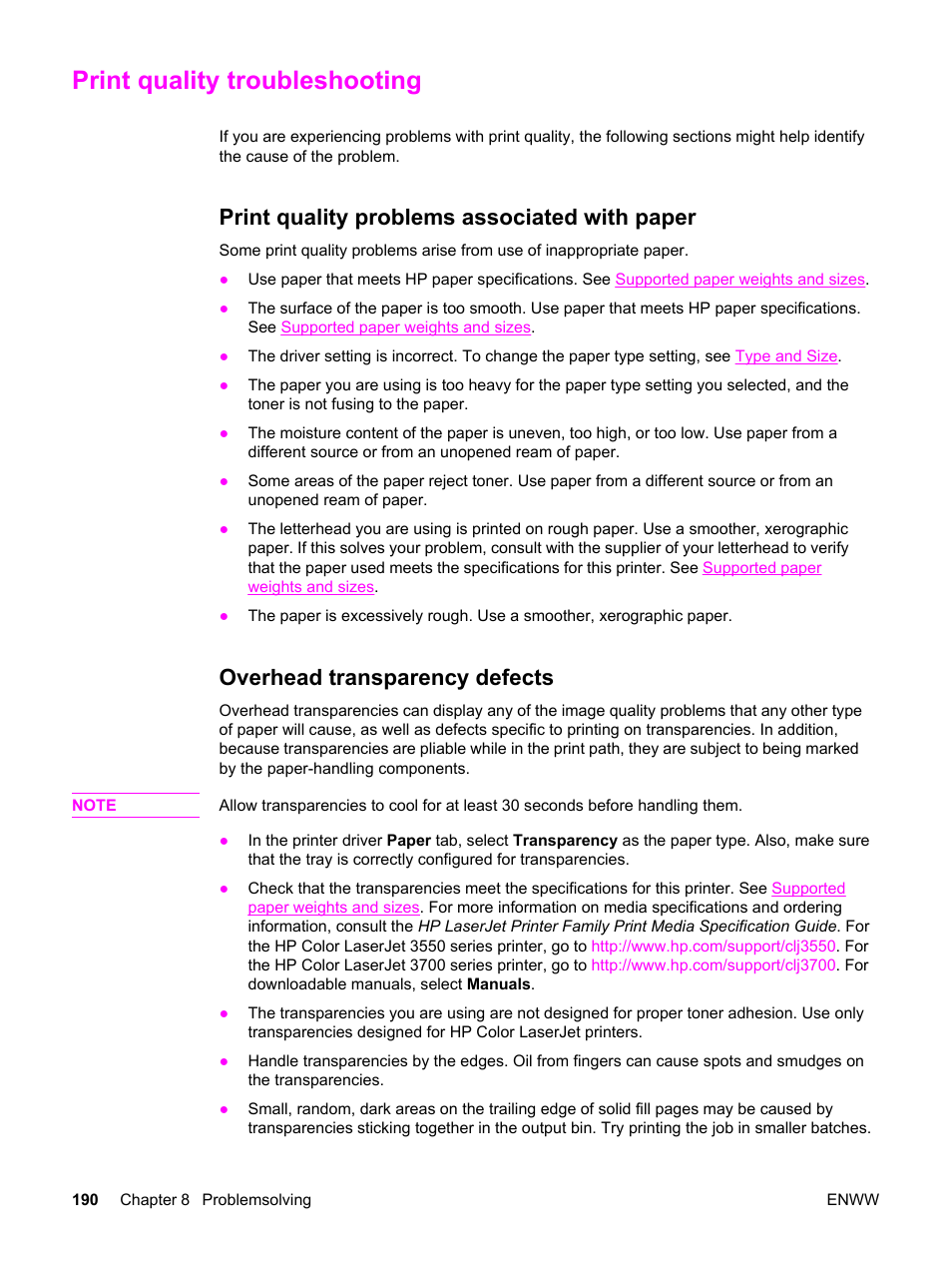 Print quality troubleshooting, Print quality problems associated with paper, Overhead transparency defects | HP 3550 User Manual | Page 202 / 250