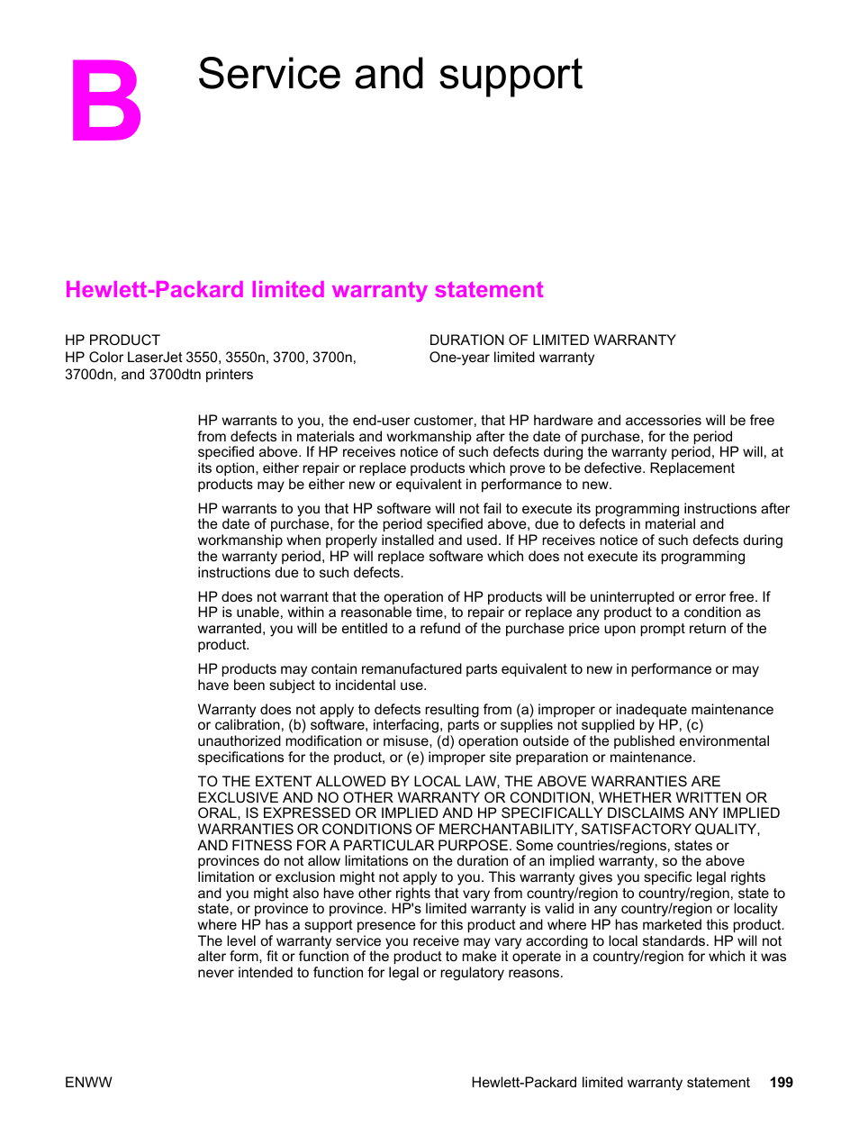 Service and support, Hewlett-packard limited warranty statement, Appendix b service and support | HP 3550 User Manual | Page 211 / 250