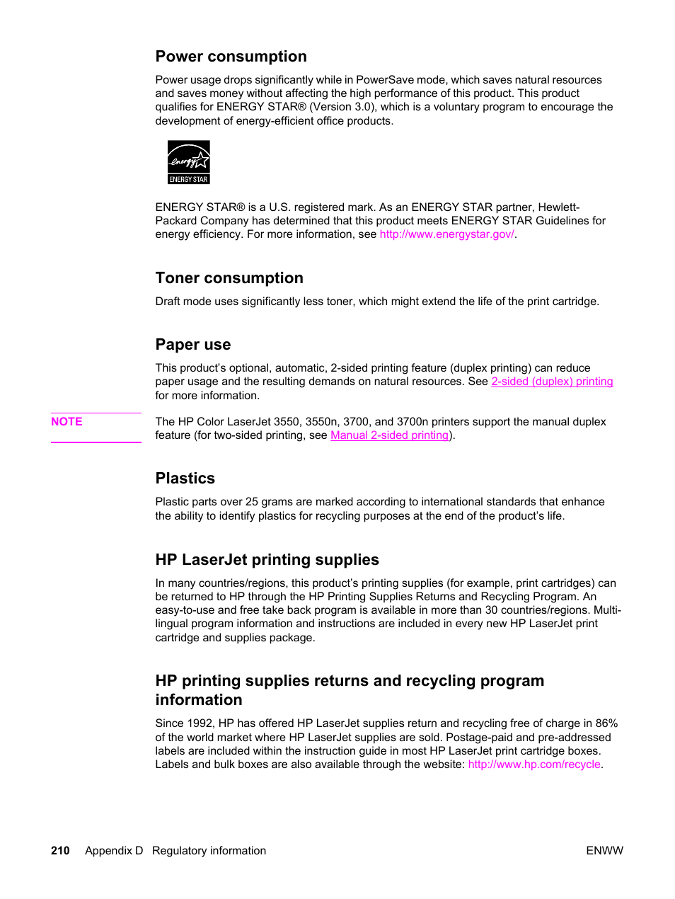 Power consumption, Toner consumption, Paper use | Plastics, Hp laserjet printing supplies | HP 3550 User Manual | Page 222 / 250