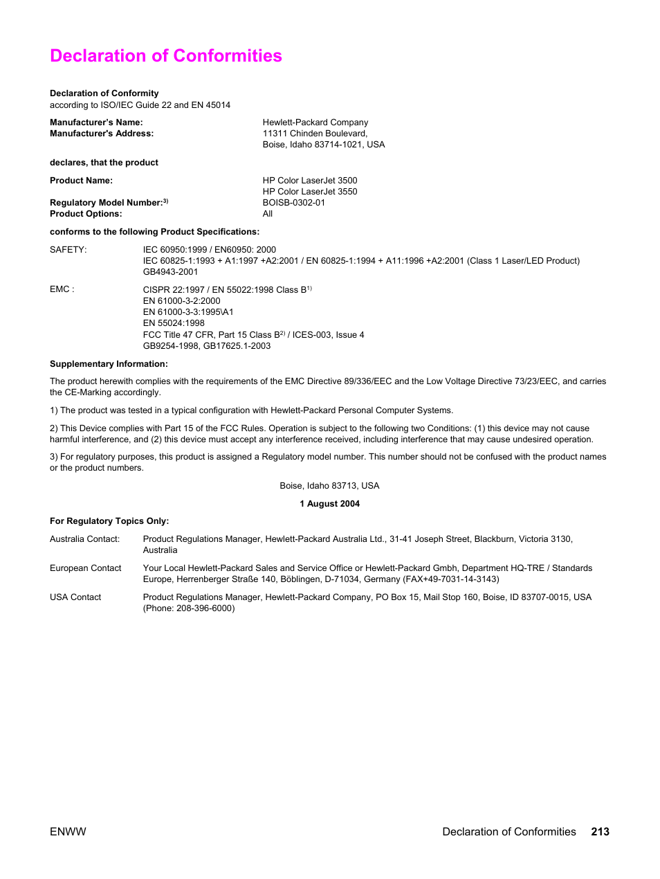 Declaration of conformities, Enww declaration of conformities 213 | HP 3550 User Manual | Page 225 / 250