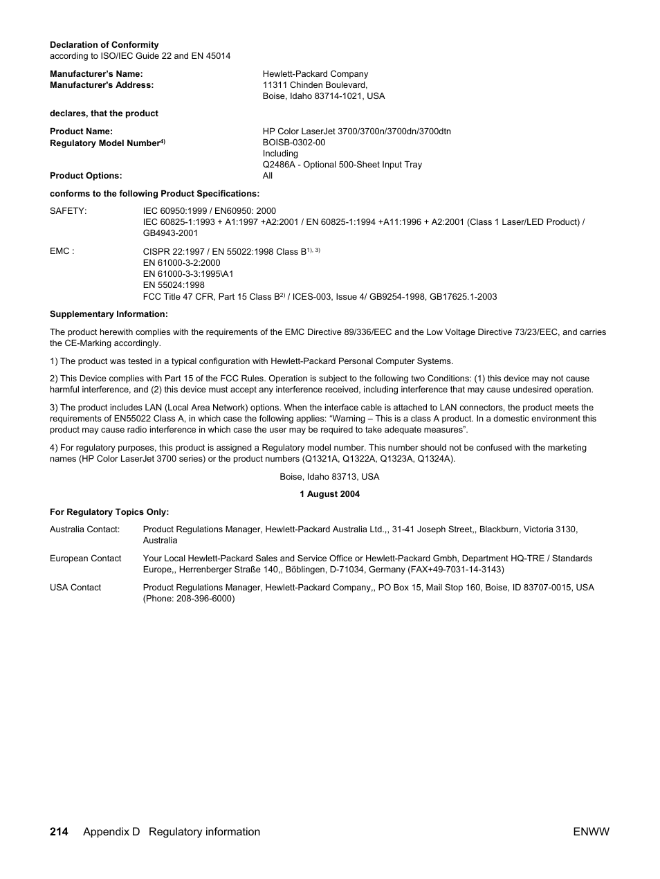 214 appendix d regulatory information enww | HP 3550 User Manual | Page 226 / 250