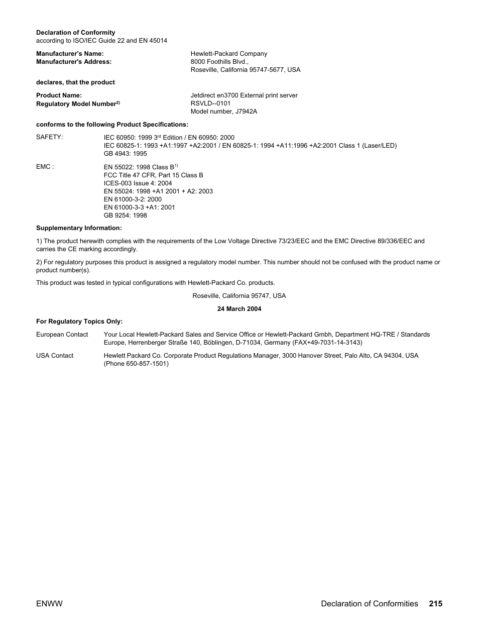 Enww declaration of conformities 215 | HP 3550 User Manual | Page 227 / 250