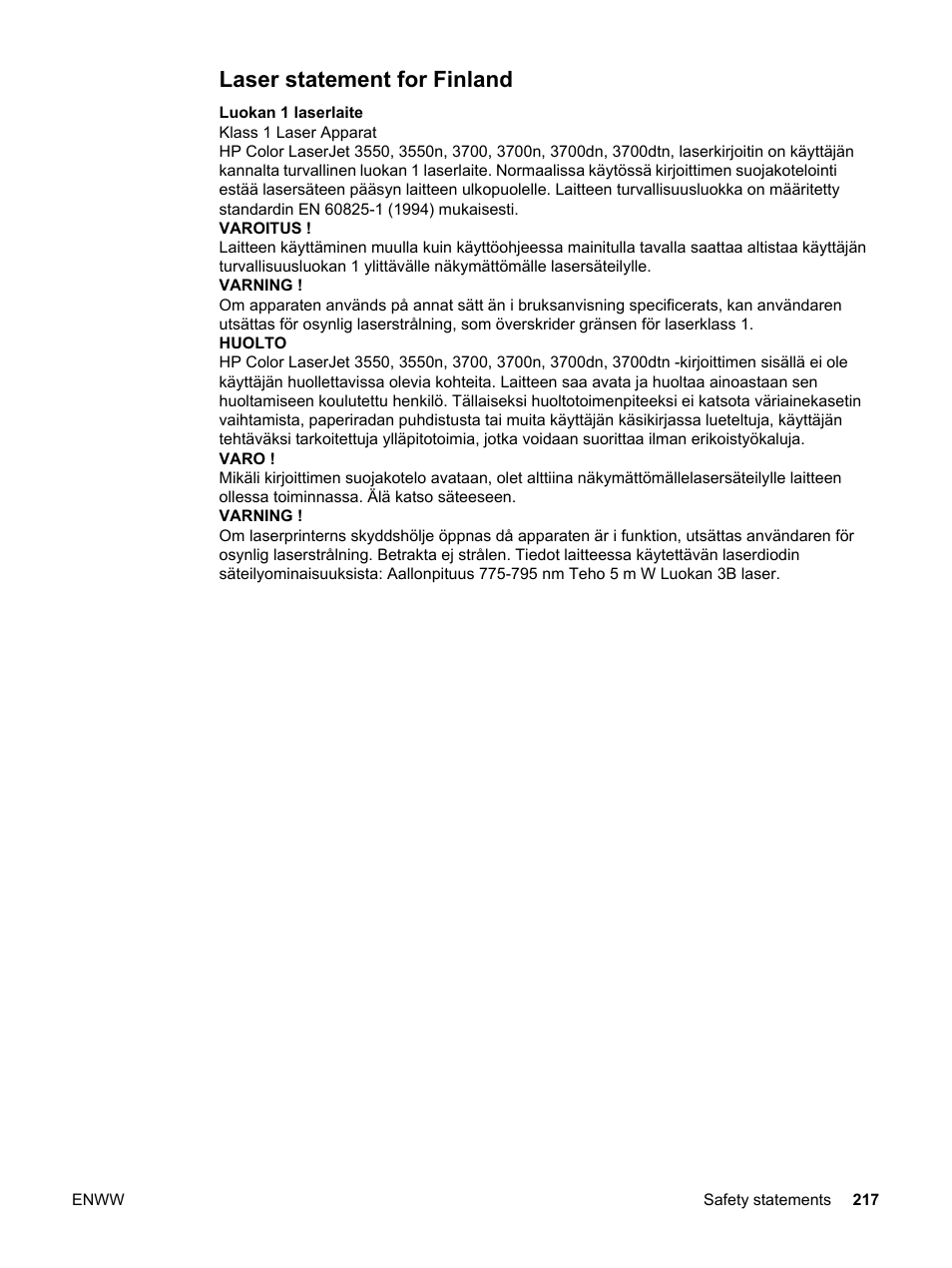 Laser statement for finland | HP 3550 User Manual | Page 229 / 250