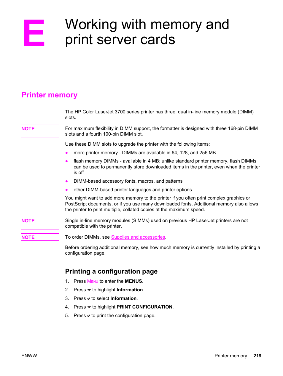 Working with memory and print server cards, Printer memory | HP 3550 User Manual | Page 231 / 250