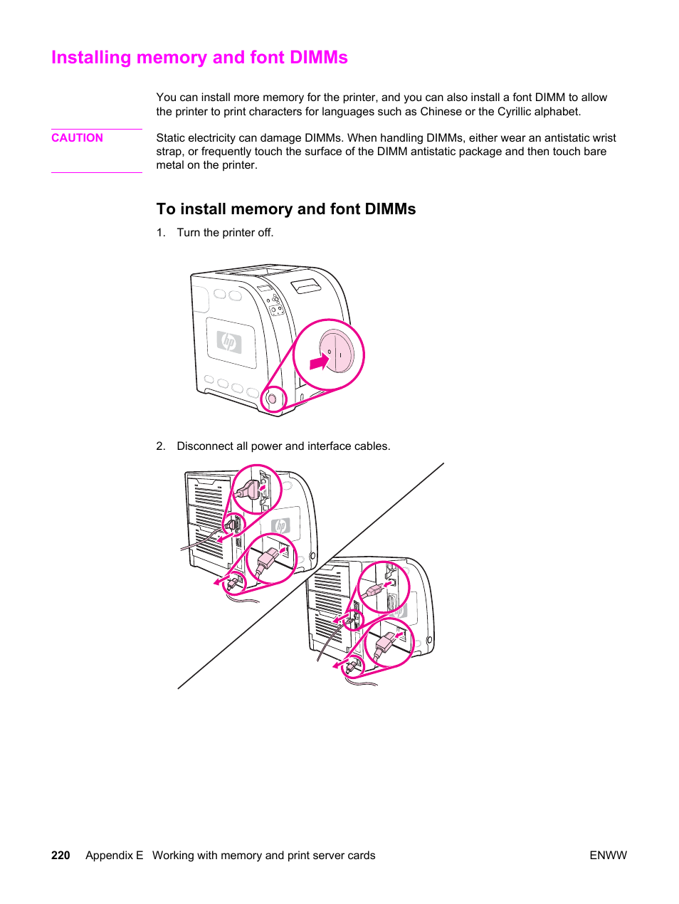 Installing memory and font dimms, To install memory and font dimms | HP 3550 User Manual | Page 232 / 250