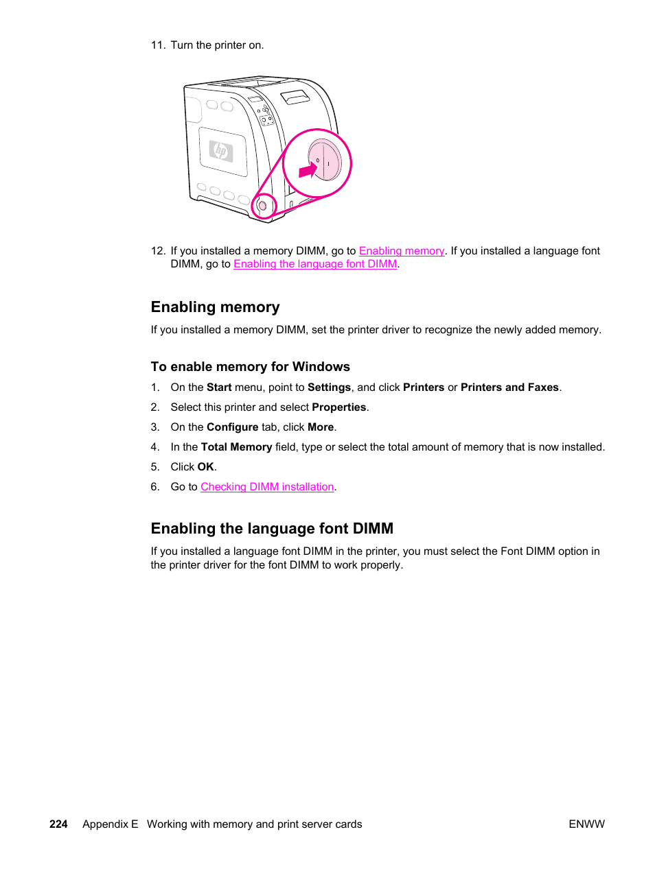 Enabling memory, Enabling the language font dimm, Enabling memory enabling the language font dimm | HP 3550 User Manual | Page 236 / 250