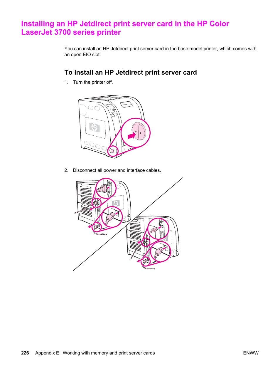 To install an hp jetdirect print server card | HP 3550 User Manual | Page 238 / 250