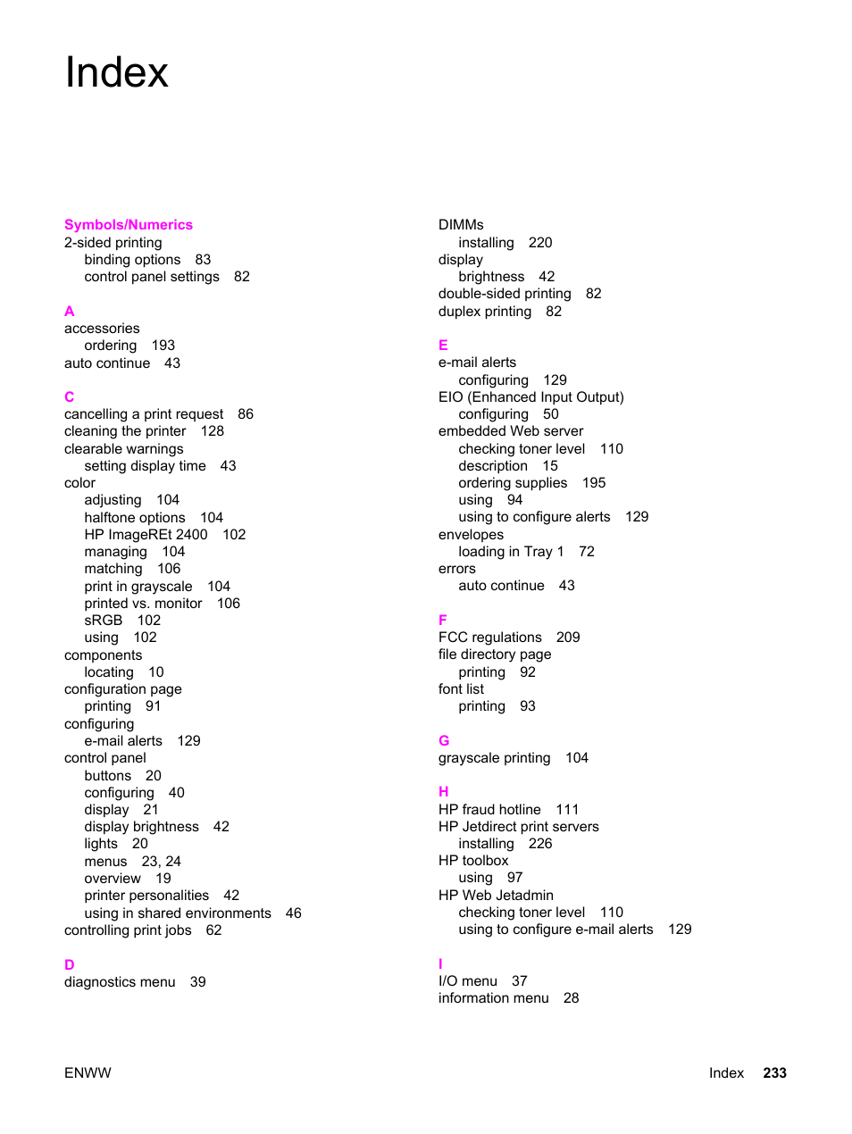 Index | HP 3550 User Manual | Page 245 / 250