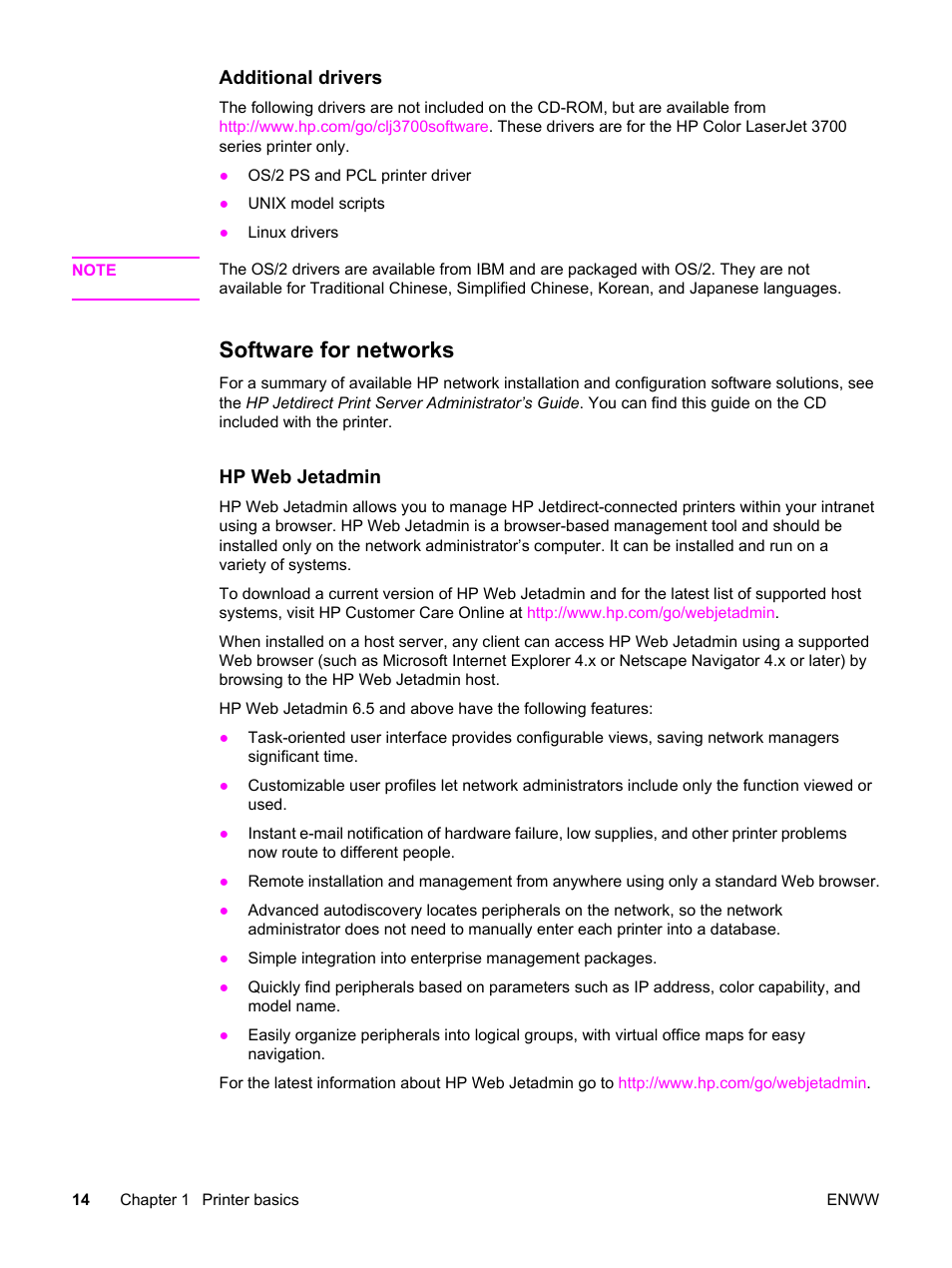 Software for networks | HP 3550 User Manual | Page 26 / 250