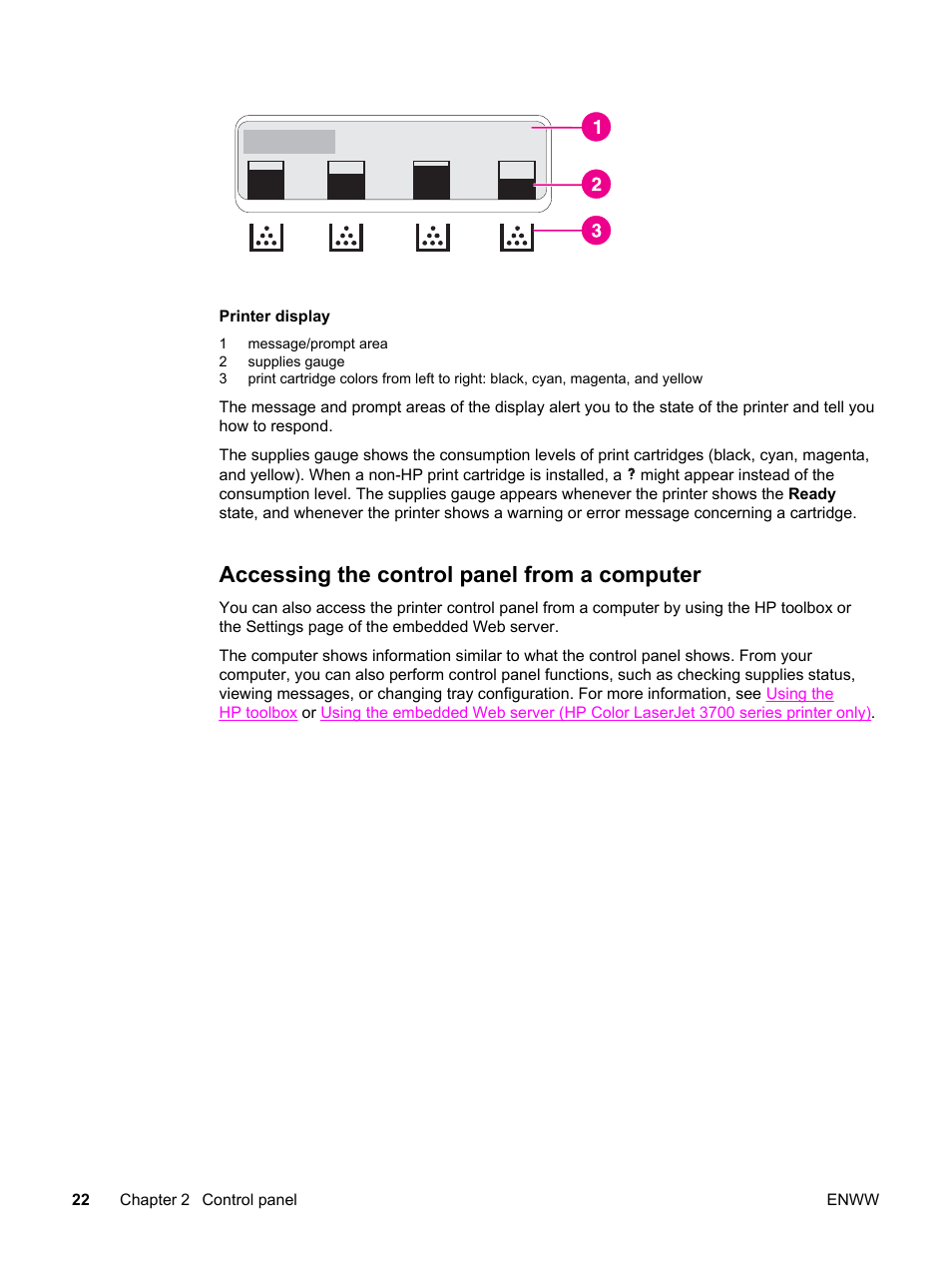 Accessing the control panel from a computer | HP 3550 User Manual | Page 34 / 250