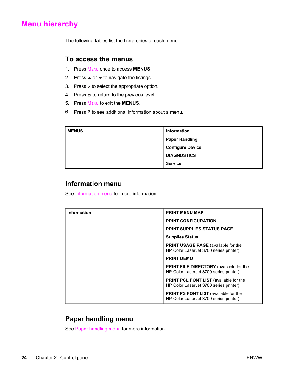 Menu hierarchy, To access the menus, Information menu | Paper handling menu | HP 3550 User Manual | Page 36 / 250