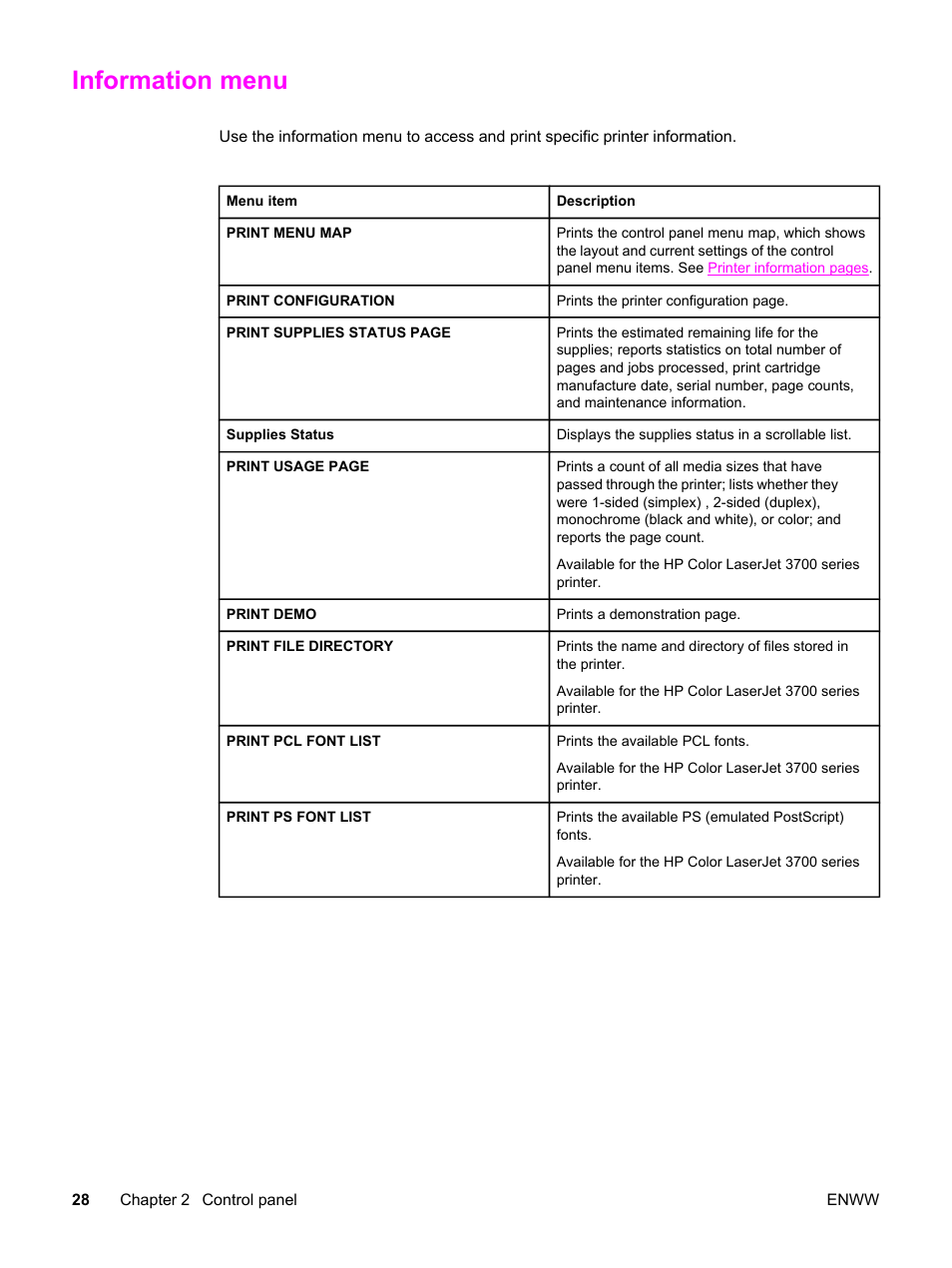 Information menu | HP 3550 User Manual | Page 40 / 250