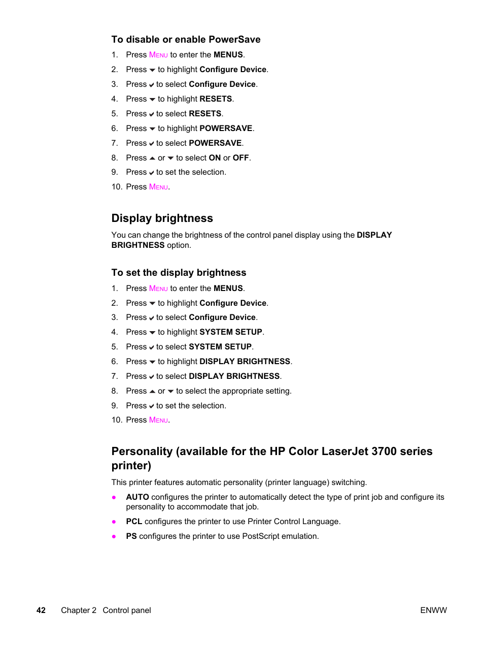 Display brightness, Personality (available for the, Hp color laserjet 3700 series printer) | HP 3550 User Manual | Page 54 / 250