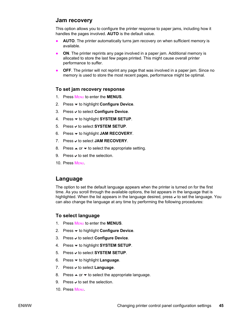 Jam recovery, Language, Jam recovery language | For more information | HP 3550 User Manual | Page 57 / 250