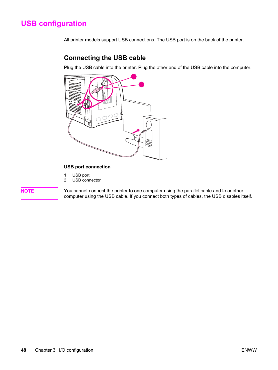 Usb configuration, Connecting the usb cable | HP 3550 User Manual | Page 60 / 250