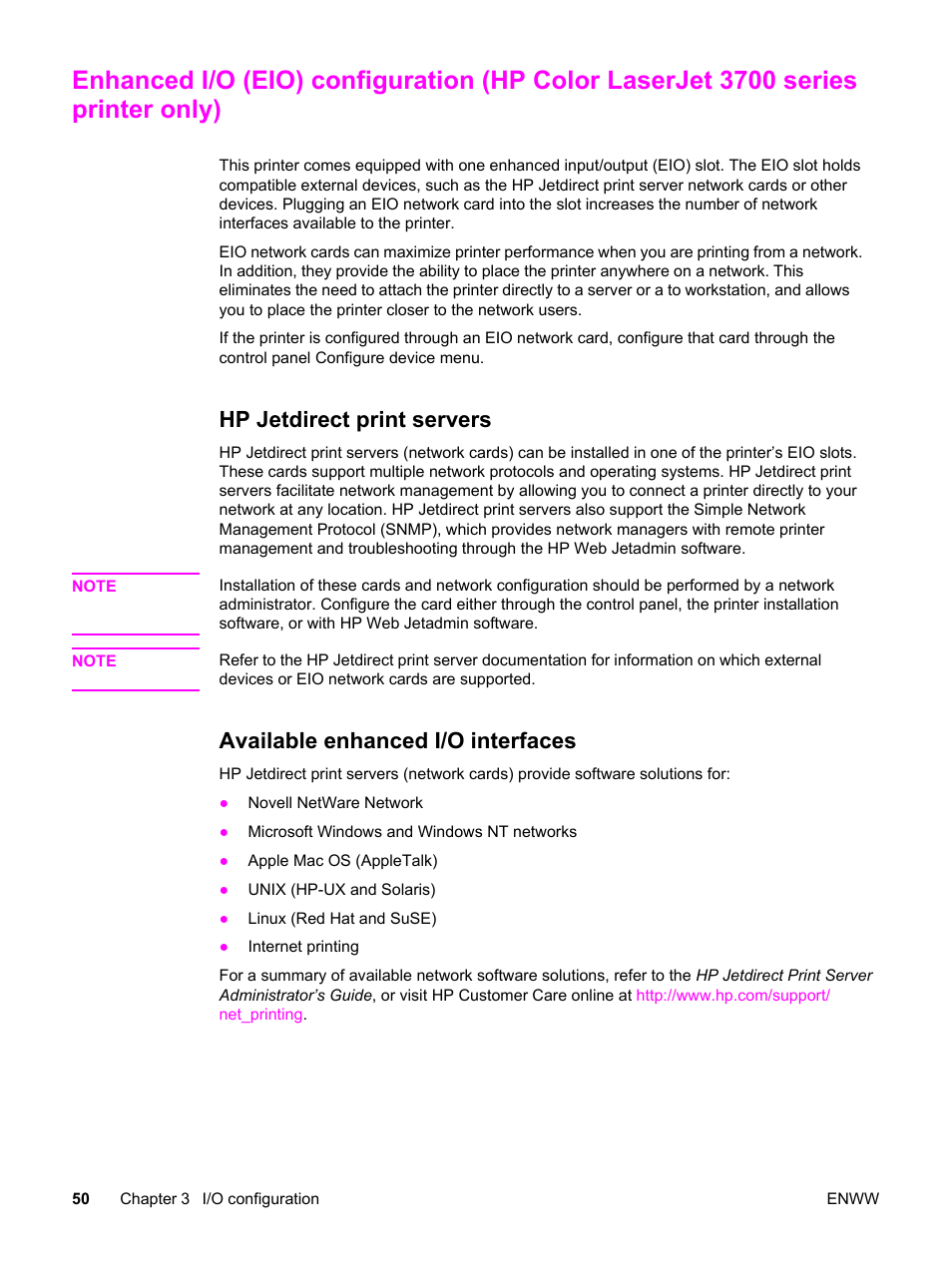 Hp jetdirect print servers, Available enhanced i/o interfaces, Enhanced i/o (eio) | HP 3550 User Manual | Page 62 / 250