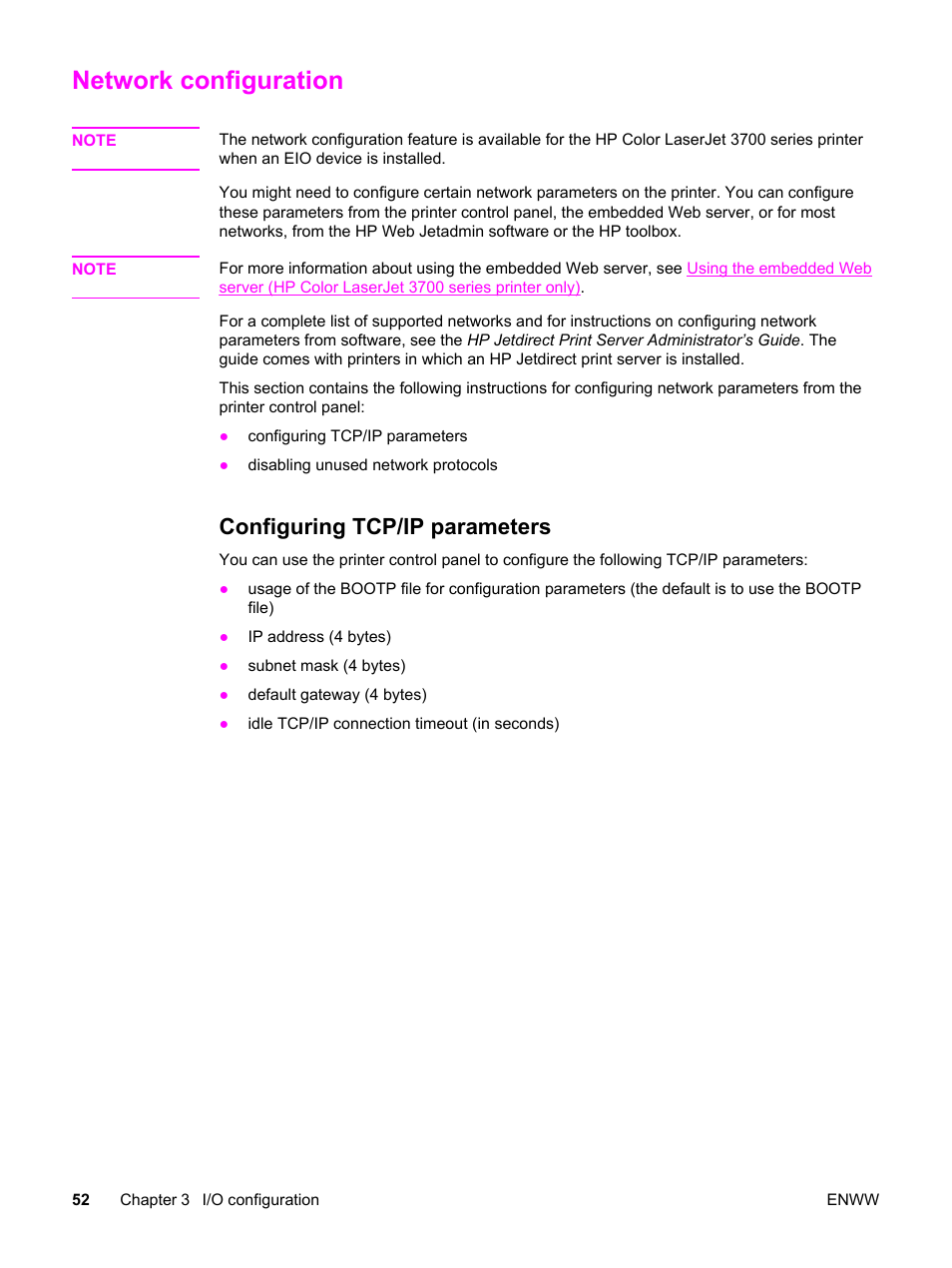 Network configuration, Configuring tcp/ip parameters | HP 3550 User Manual | Page 64 / 250