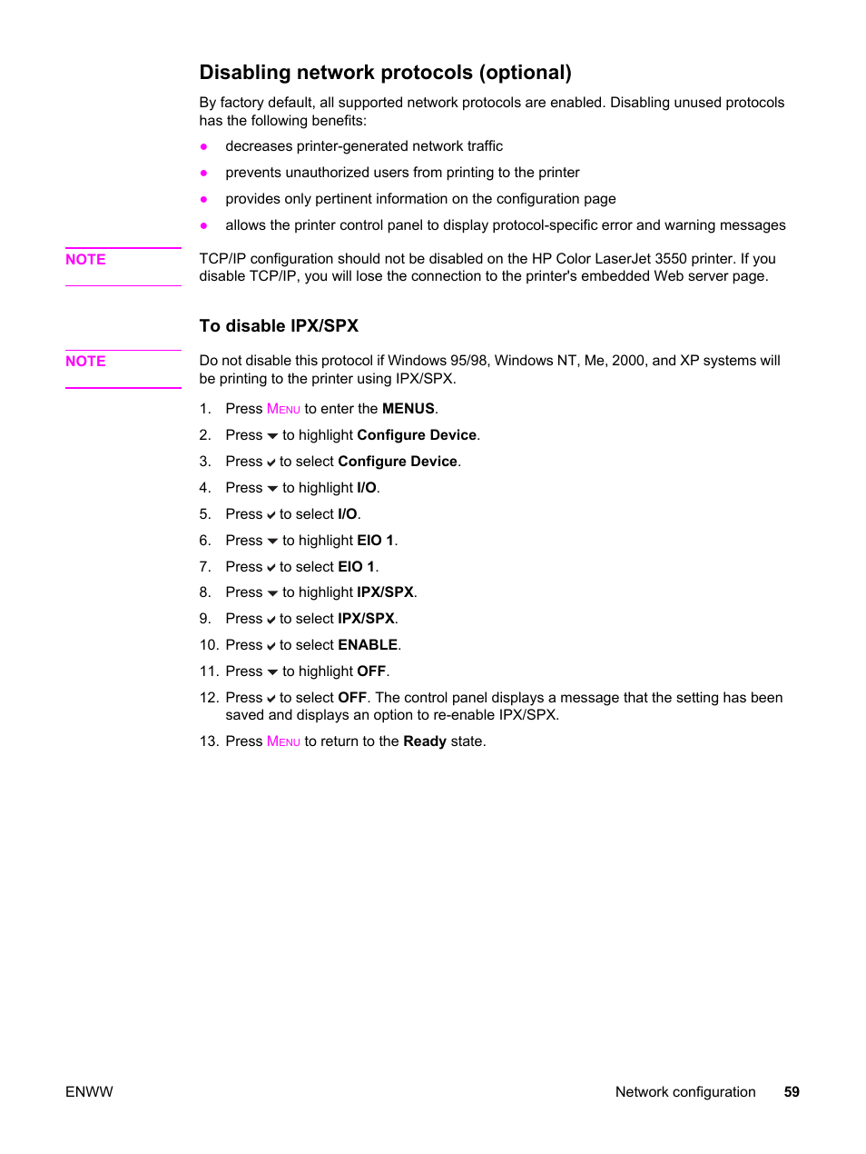 Disabling network protocols (optional) | HP 3550 User Manual | Page 71 / 250