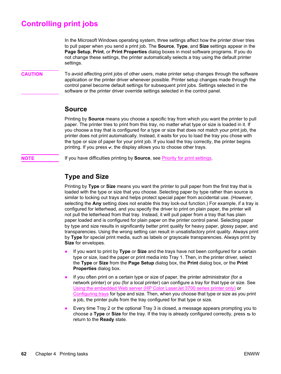 Controlling print jobs, Source, Type and size | Source type and size | HP 3550 User Manual | Page 74 / 250