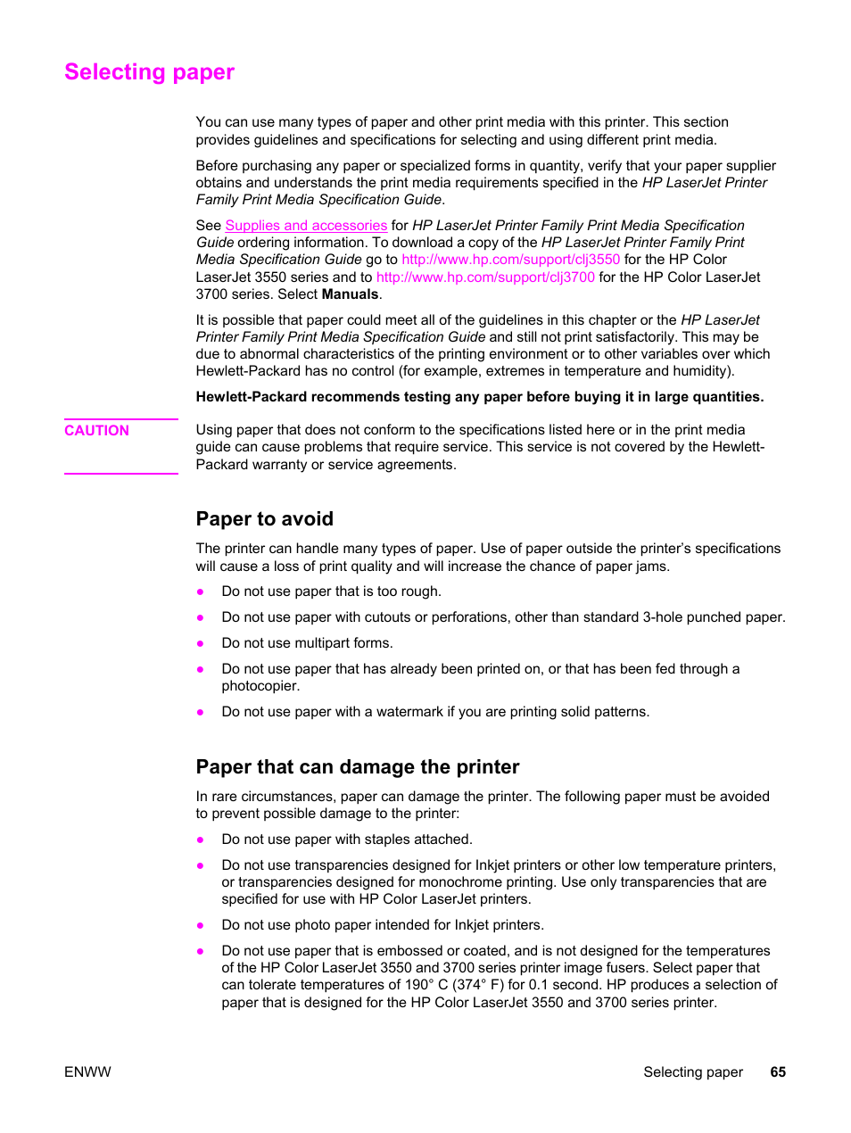 Selecting paper, Paper to avoid, Paper that can damage the printer | Paper to avoid paper that can damage the printer | HP 3550 User Manual | Page 77 / 250