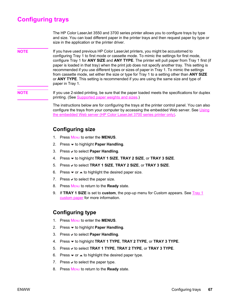 Configuring trays, Configuring size, Configuring type | Configuring size configuring type | HP 3550 User Manual | Page 79 / 250
