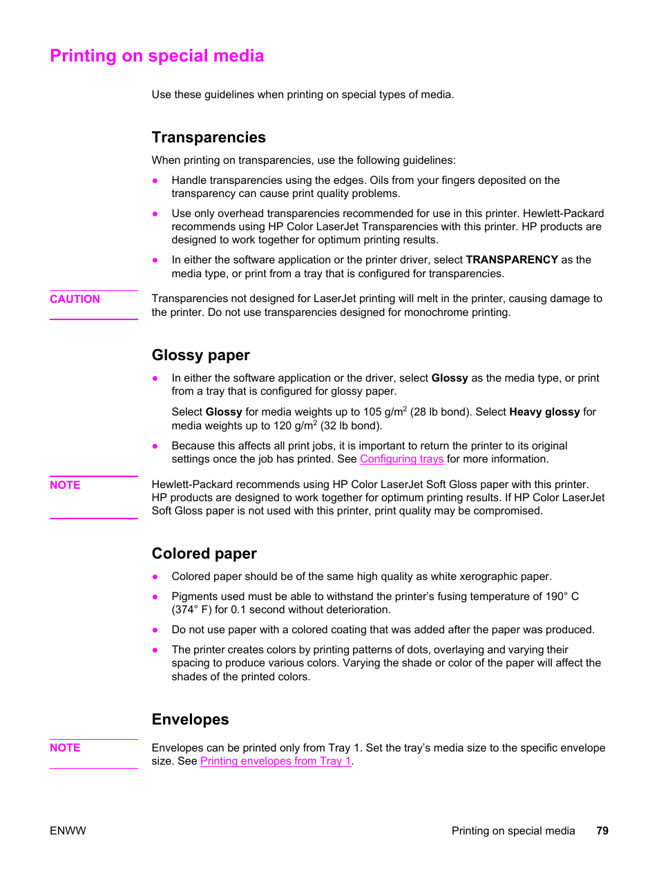 Printing on special media, Transparencies, Glossy paper | Colored paper, Envelopes | HP 3550 User Manual | Page 91 / 250