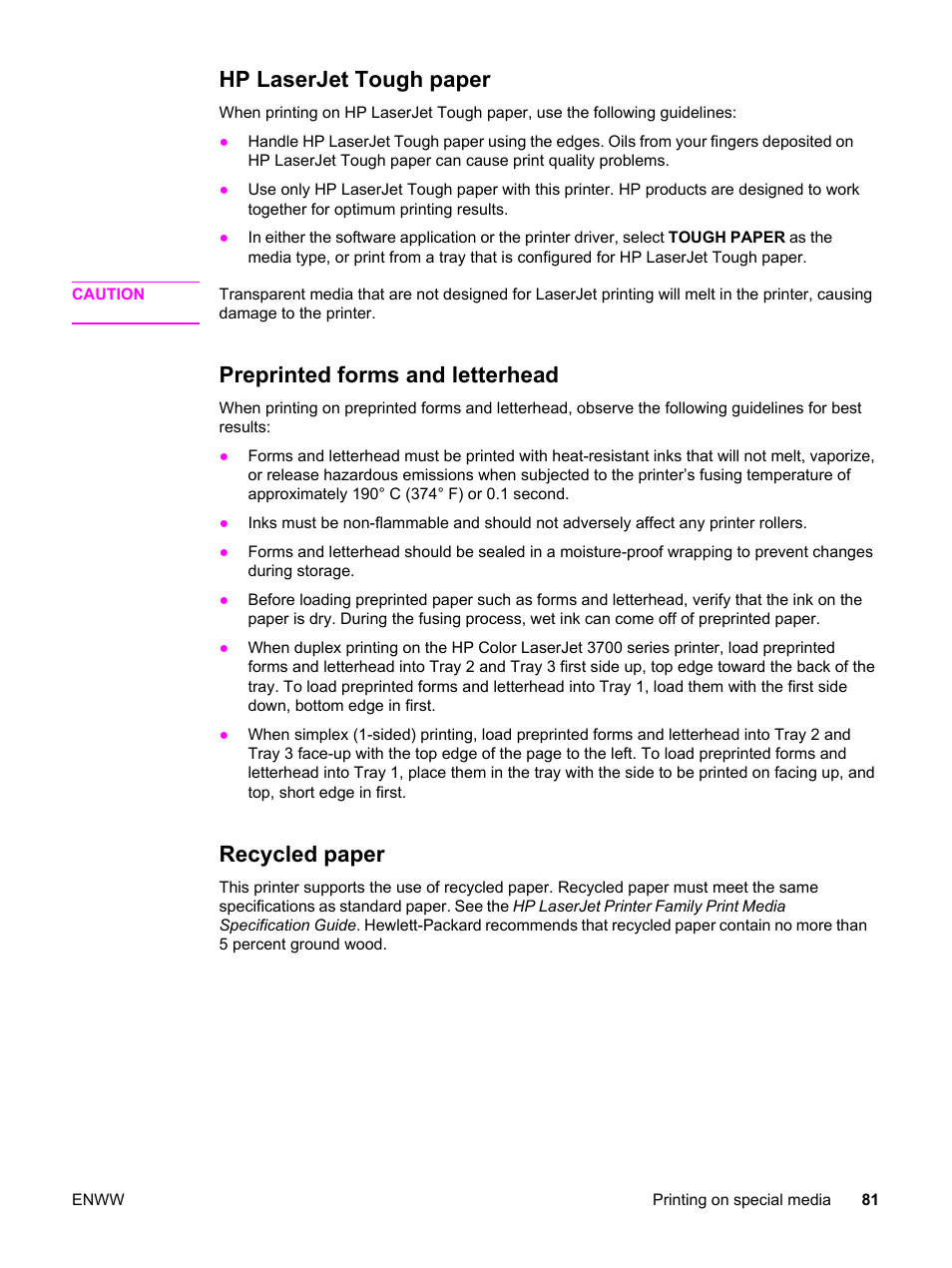 Hp laserjet tough paper, Preprinted forms and letterhead, Recycled paper | HP 3550 User Manual | Page 93 / 250