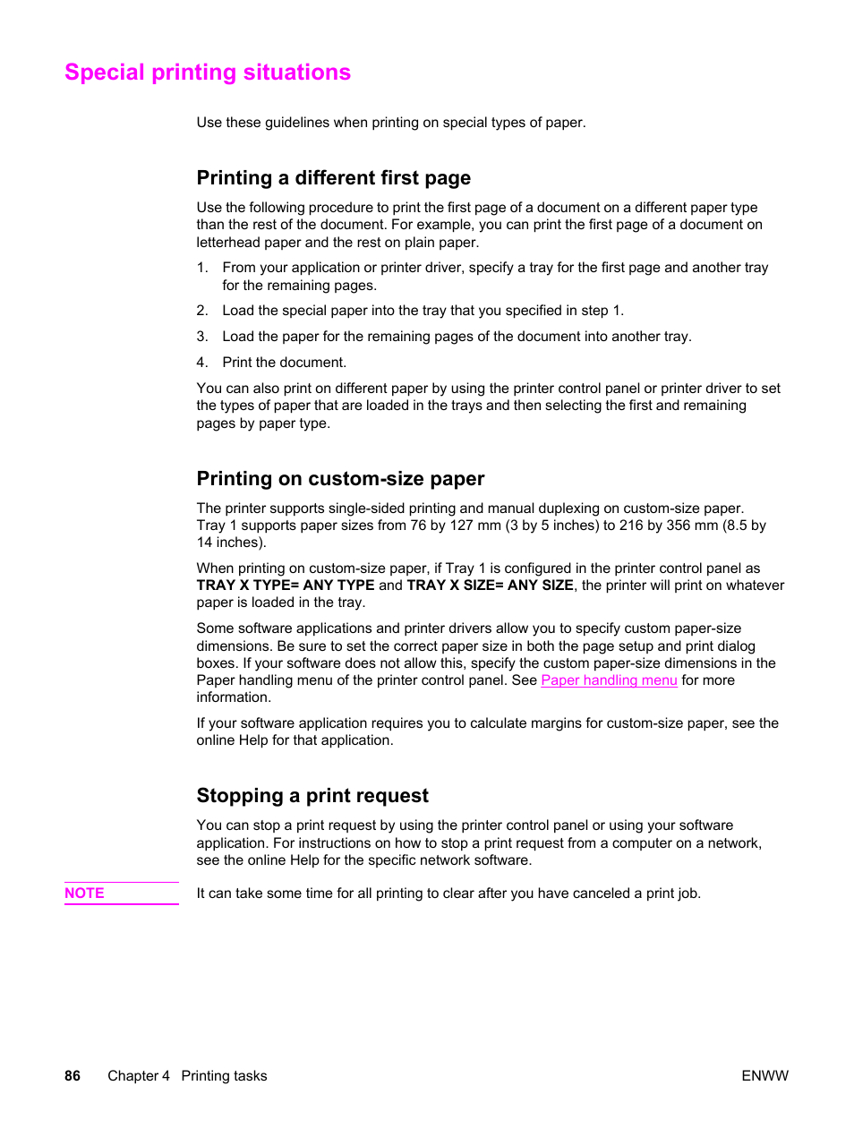 Special printing situations, Printing on custom-size paper, Stopping a print request | Printing a different first page | HP 3550 User Manual | Page 98 / 250