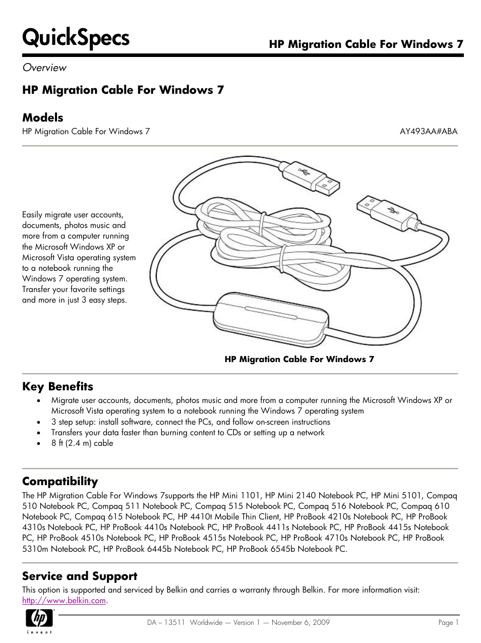 HP Migration Cable for Windows 7 AY493AA#ABA User Manual | 2 pages