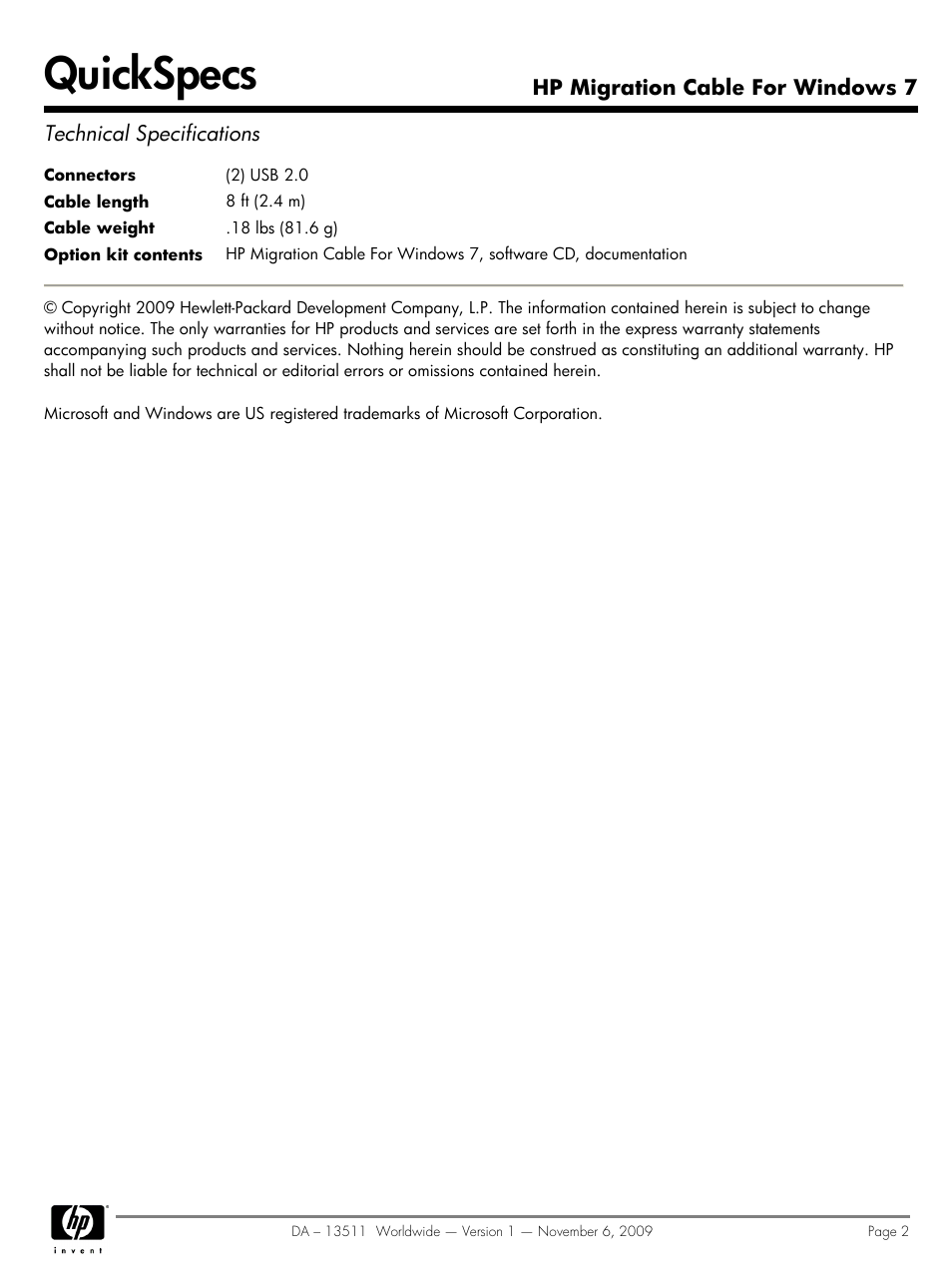 Quickspecs | HP Migration Cable for Windows 7 AY493AA#ABA User Manual | Page 2 / 2