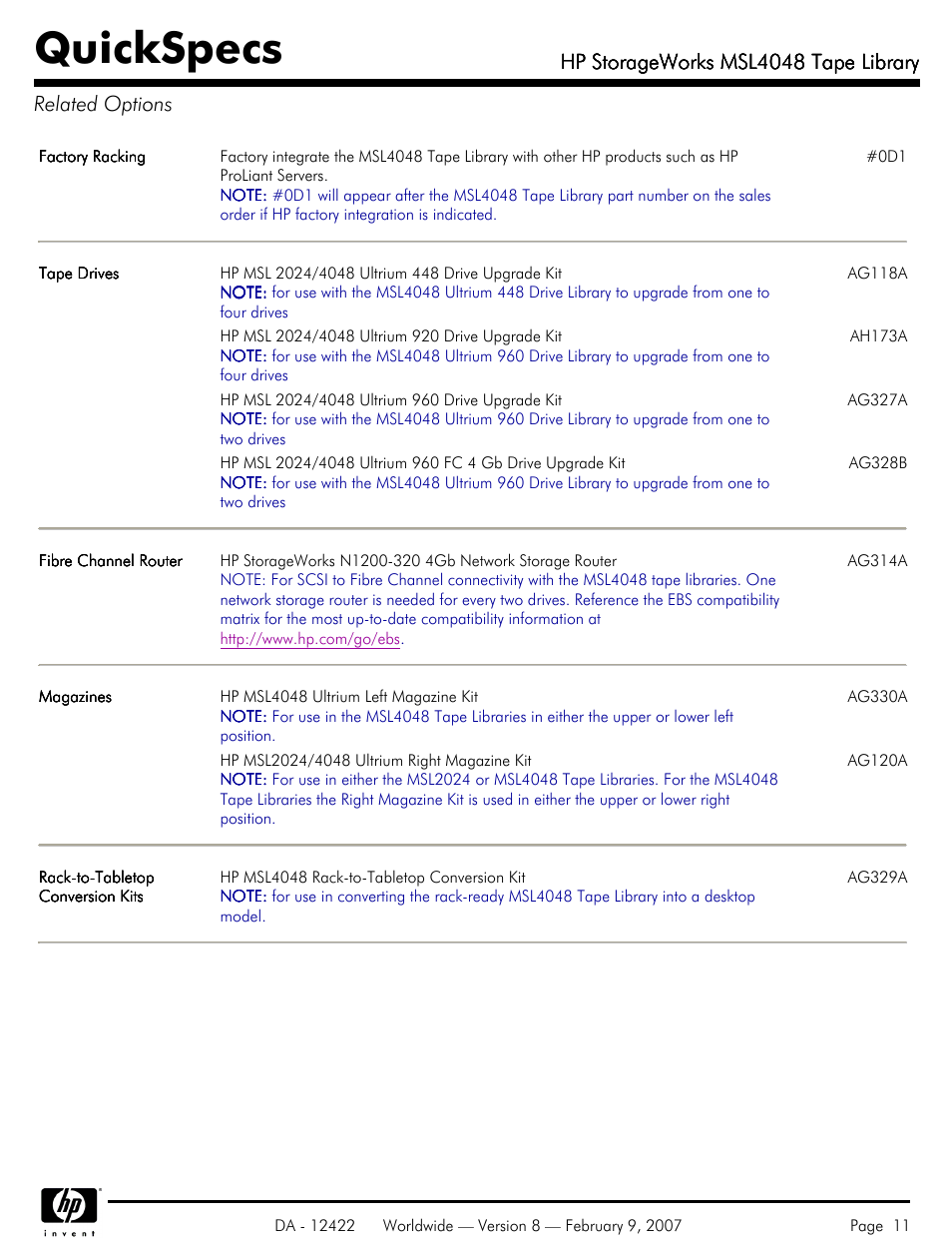 Related options, Quickspecs, Hp storageworks msl4048 tape library | HP STORAGEWORKS MSL4048 User Manual | Page 11 / 15