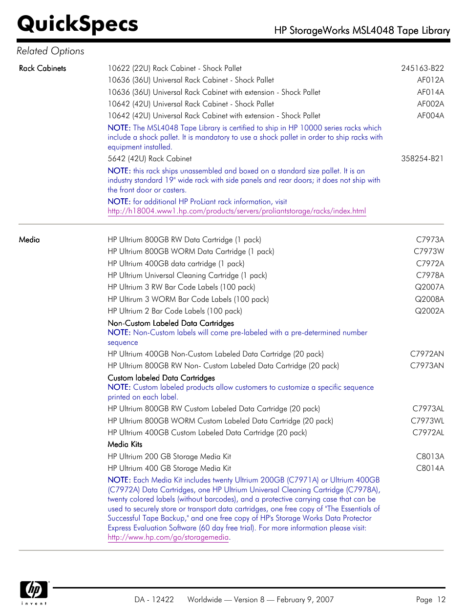 Quickspecs, Hp storageworks msl4048 tape library | HP STORAGEWORKS MSL4048 User Manual | Page 12 / 15