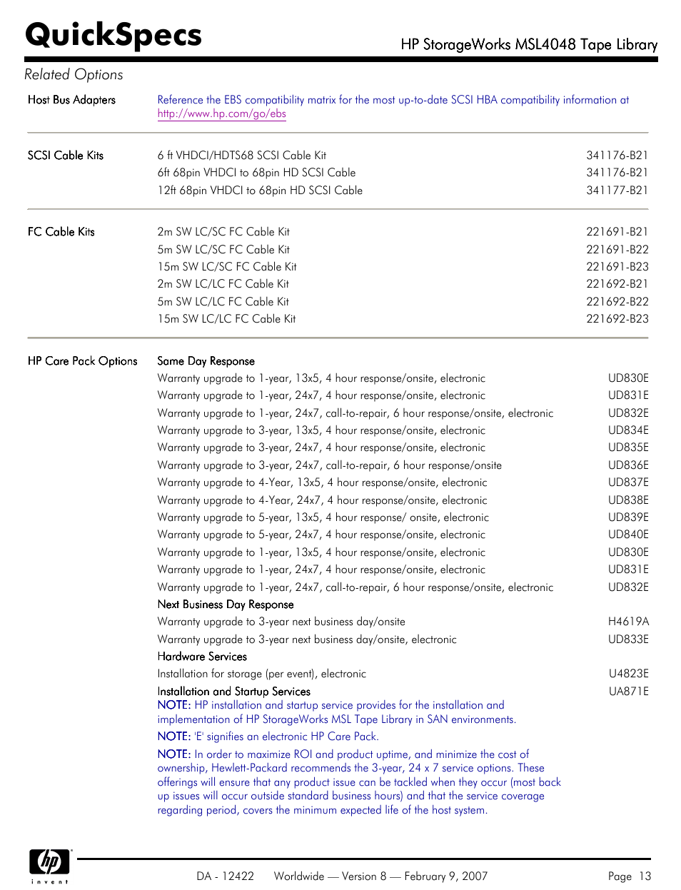 Quickspecs, Hp storageworks msl4048 tape library | HP STORAGEWORKS MSL4048 User Manual | Page 13 / 15