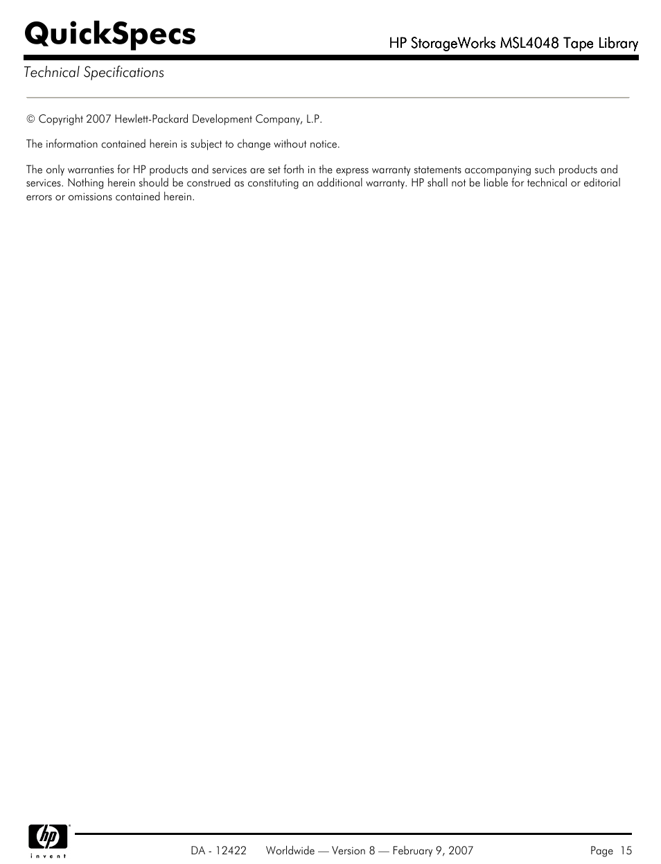 Quickspecs | HP STORAGEWORKS MSL4048 User Manual | Page 15 / 15