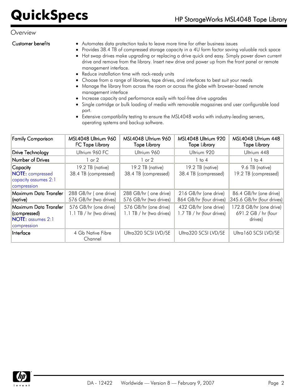 Quickspecs, Hp storageworks msl4048 tape library, Hp storageworks msl4048 tape library overview | HP STORAGEWORKS MSL4048 User Manual | Page 2 / 15