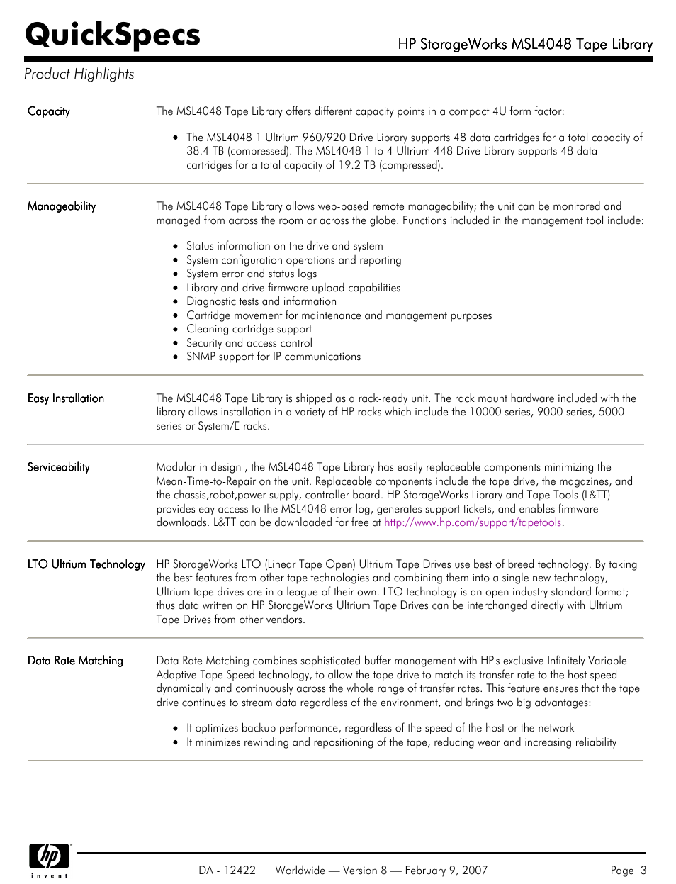 Product highlights, Quickspecs, Hp storageworks msl4048 tape library | HP STORAGEWORKS MSL4048 User Manual | Page 3 / 15