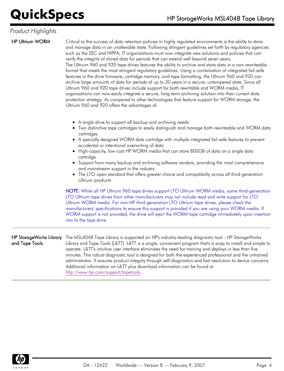 Quickspecs | HP STORAGEWORKS MSL4048 User Manual | Page 4 / 15