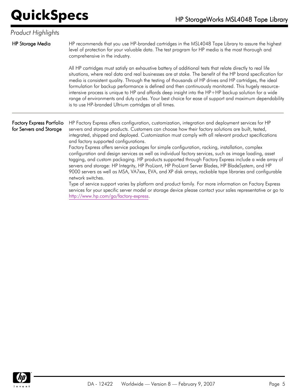 Quickspecs | HP STORAGEWORKS MSL4048 User Manual | Page 5 / 15