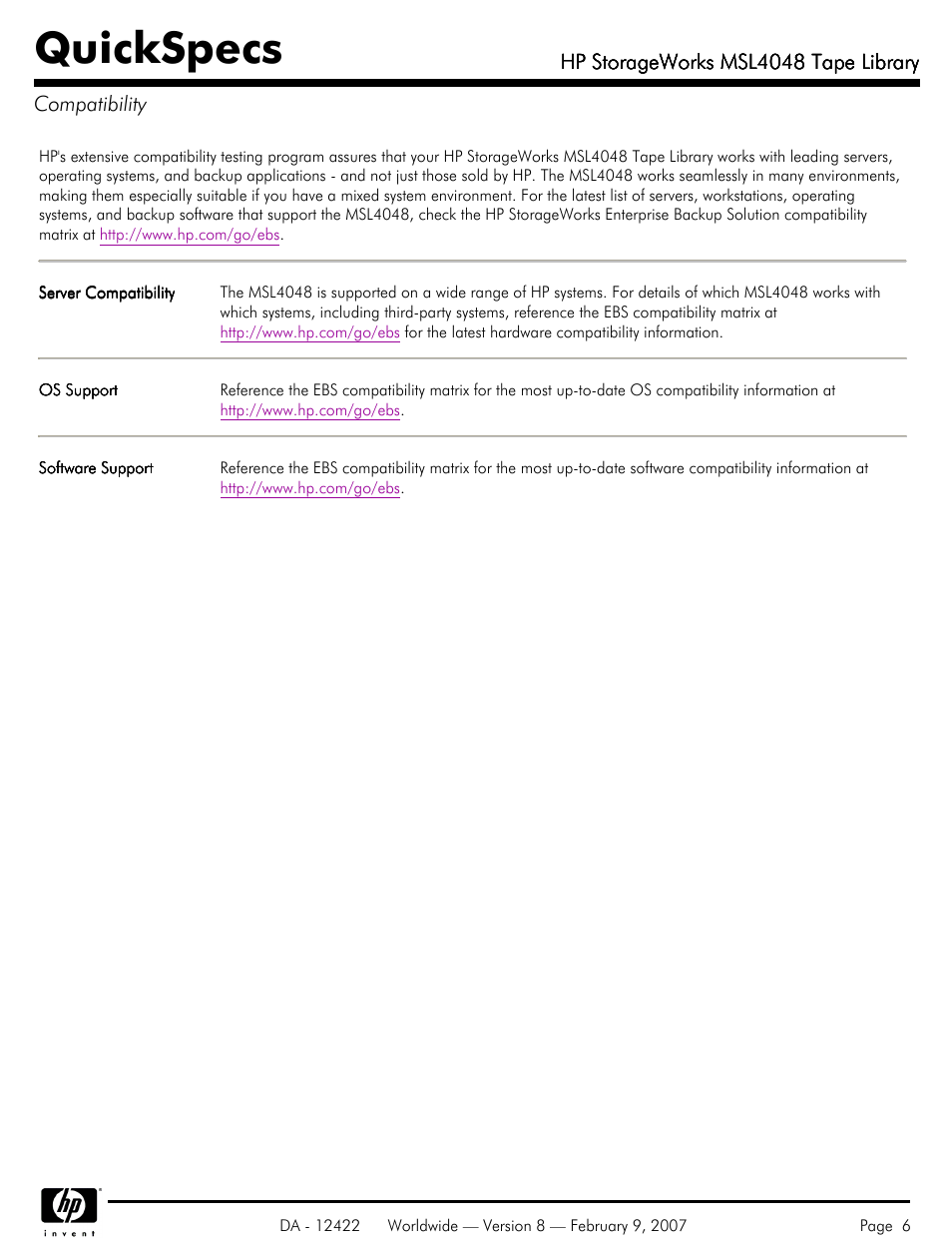 Compatibility, Quickspecs | HP STORAGEWORKS MSL4048 User Manual | Page 6 / 15