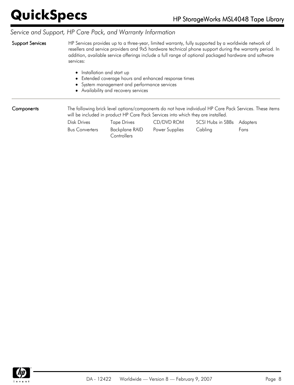 Quickspecs | HP STORAGEWORKS MSL4048 User Manual | Page 8 / 15