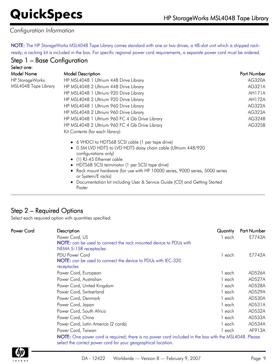 Configuration information, Quickspecs, Step 1 – base configuration | Step 2 – required options, Hp storageworks msl4048 tape library | HP STORAGEWORKS MSL4048 User Manual | Page 9 / 15