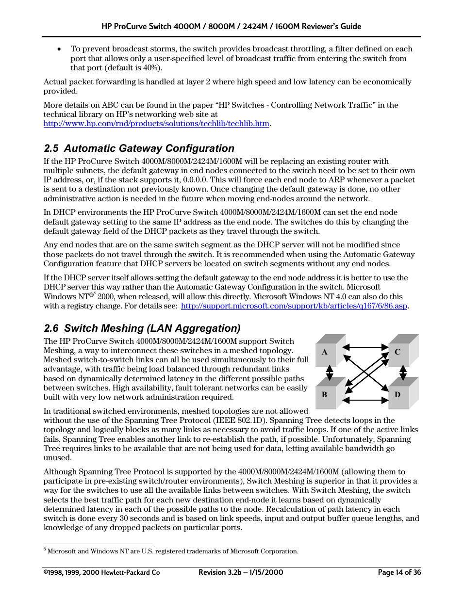 5 automatic gateway configuration, 6 switch meshing (lan aggregation) | HP 2424M User Manual | Page 14 / 36