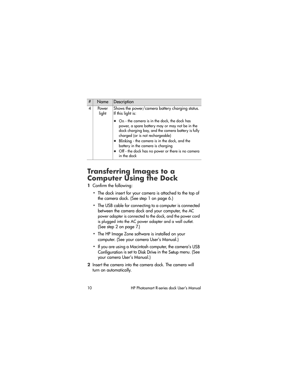Transferring images to a computer using the dock | HP R-series User Manual | Page 10 / 23