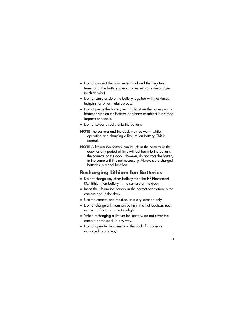 Recharging lithium ion batteries | HP R-series User Manual | Page 21 / 23