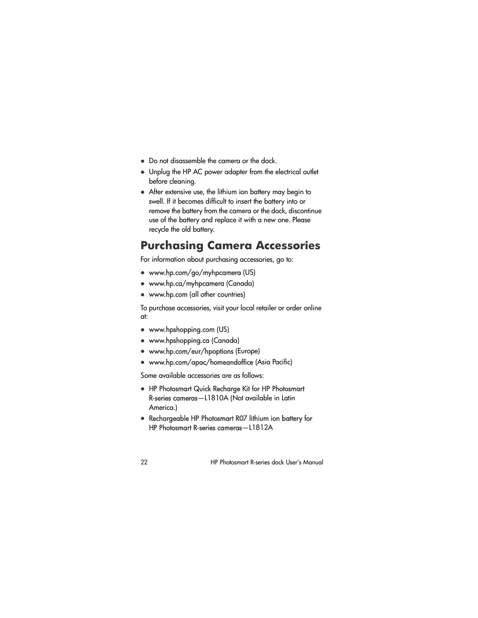 Purchasing camera accessories | HP R-series User Manual | Page 22 / 23