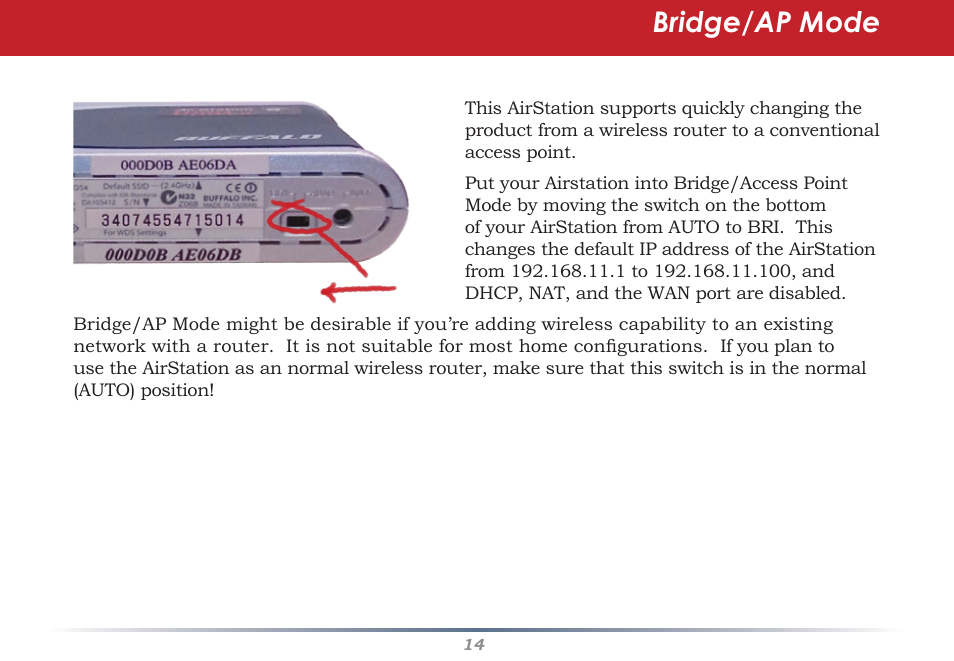 Bridge/ap mode | HP WHR-HP-AG108 User Manual | Page 14 / 88