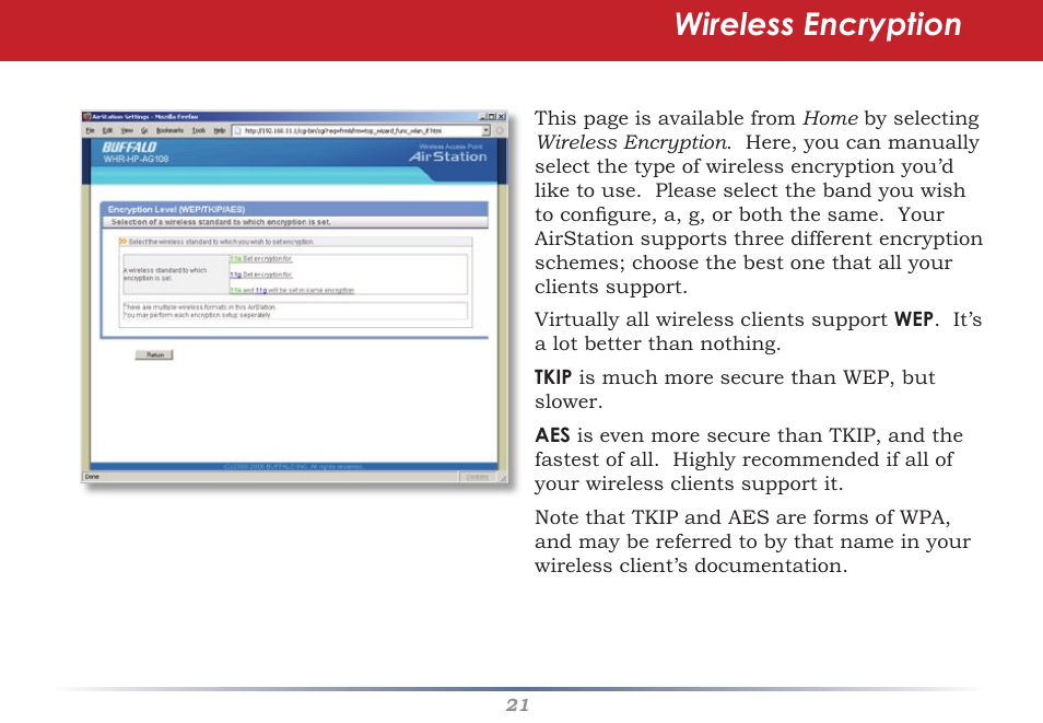Wireless encryption | HP WHR-HP-AG108 User Manual | Page 21 / 88